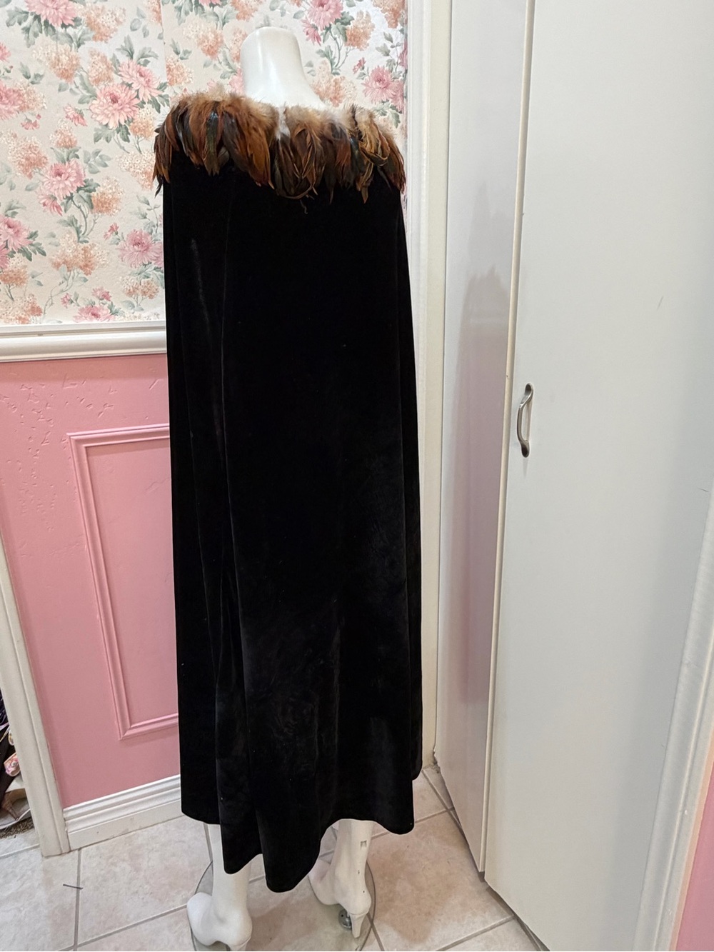 Black Velvet cape with Brown Feather Trim